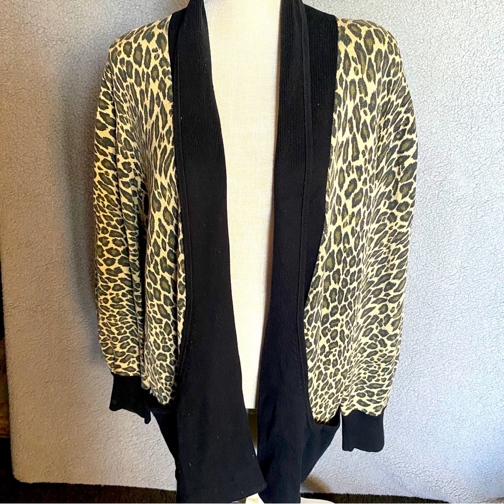) Carina Vintage Open Front Cardigan Womens Large Animal Print Long Sweater